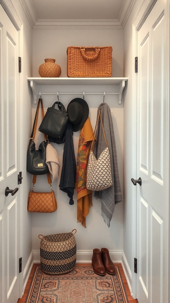 A small walk-in closet featuring hooks for bags and accessories, with a shelf above for storage.