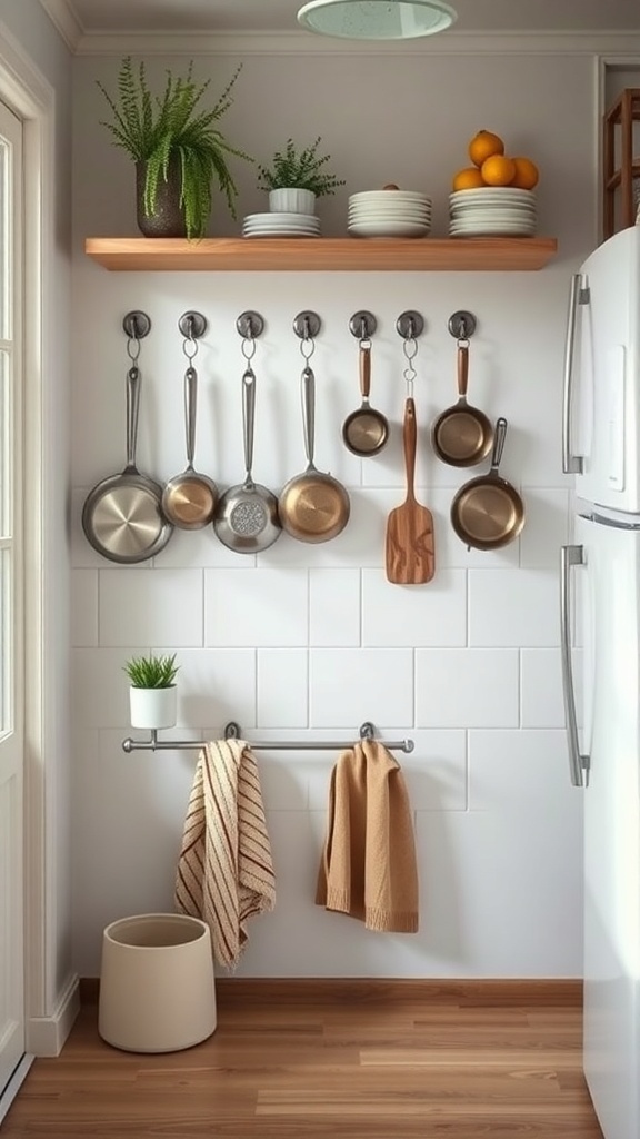 A tiny kitchen featuring hooks for hanging pots and pans, a wooden shelf with plates and fruits, and towels on a bar.