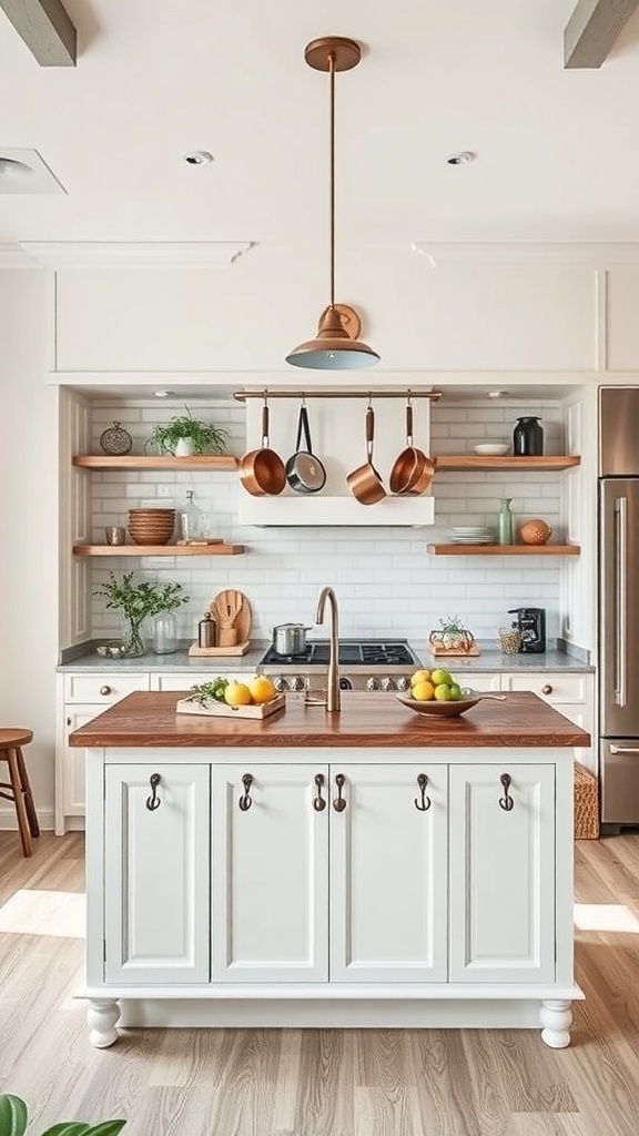 A kitchen island with pots hanging from hooks and fresh fruits on the counter.