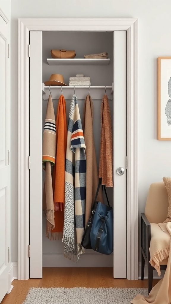A small wardrobe with hooks displaying colorful scarves and a blue bag, showcasing organized storage.