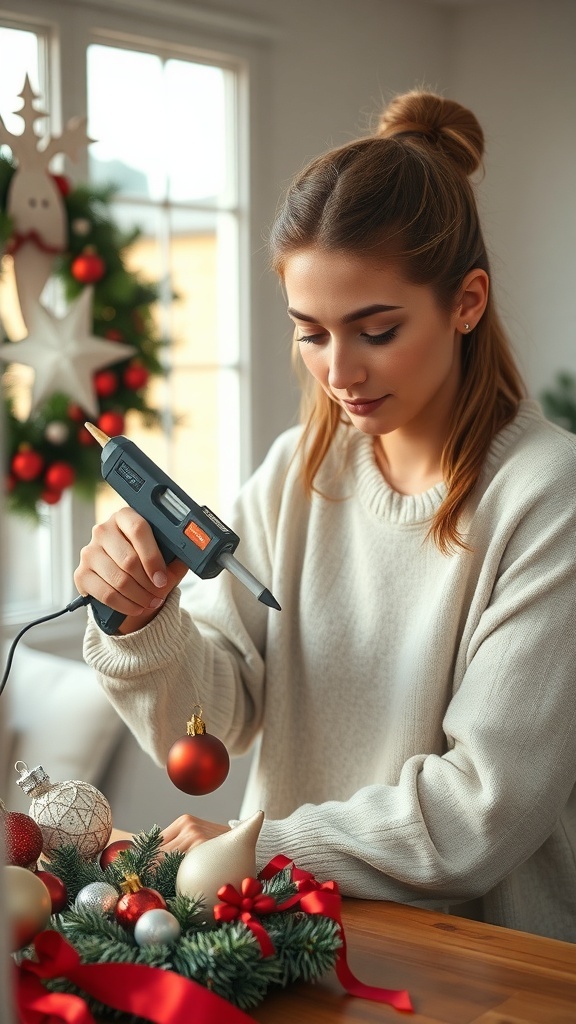 A person using a hot glue gun to attach an ornament to a wreath.