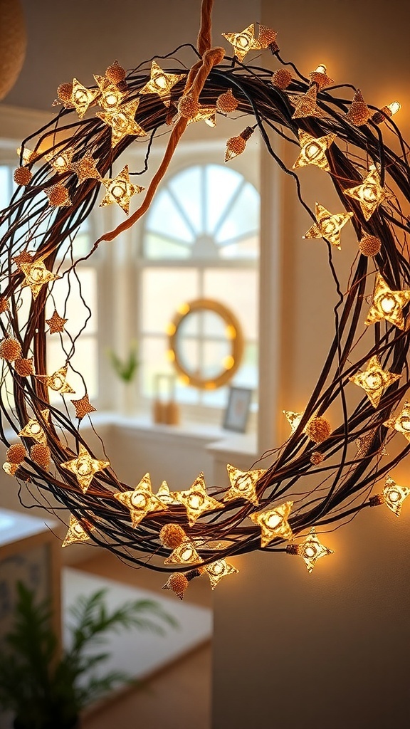 A curly deco mesh wreath adorned with warm LED star lights, creating a cozy glow in a well-lit room.