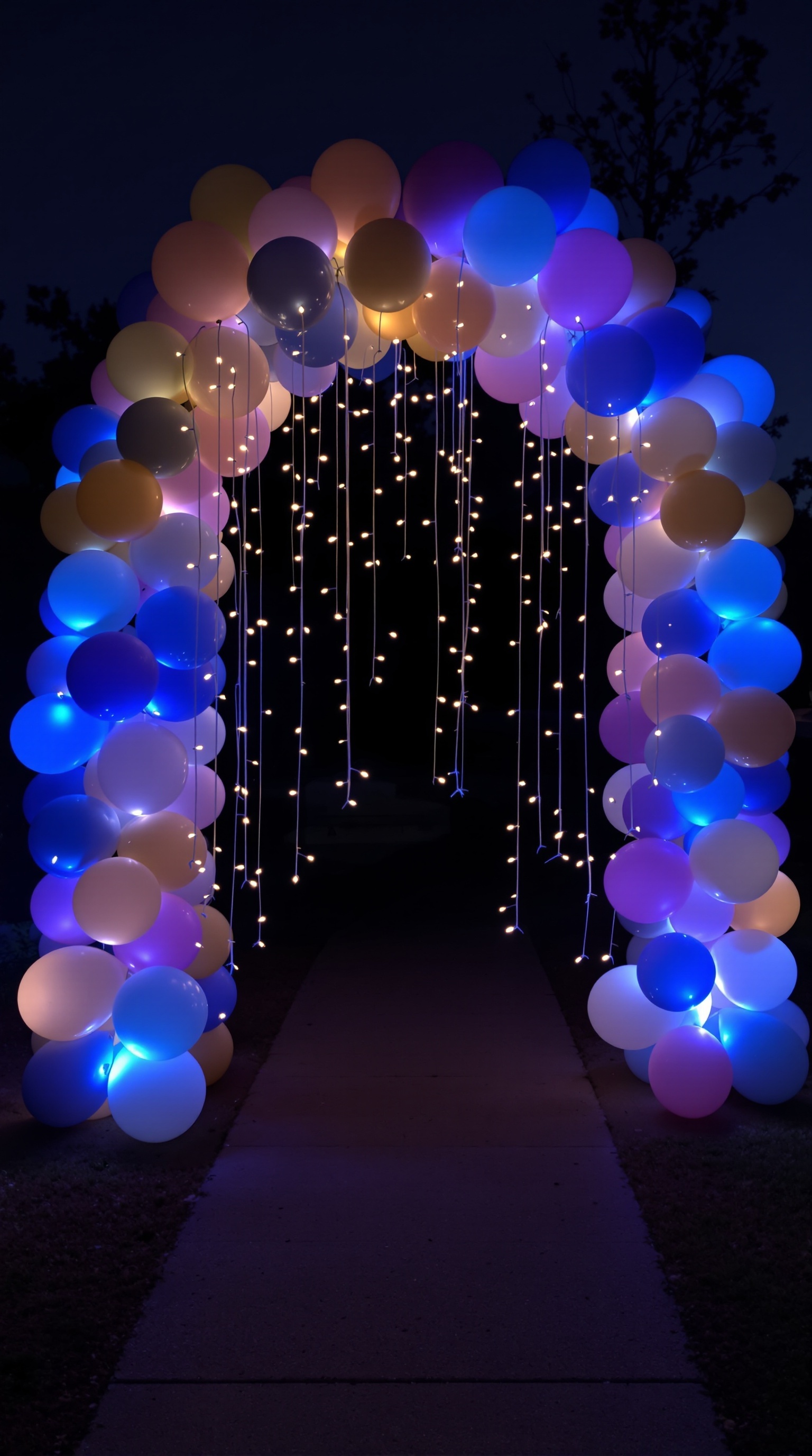 A colorful balloon arch with LED lights, perfect for a baby shower.