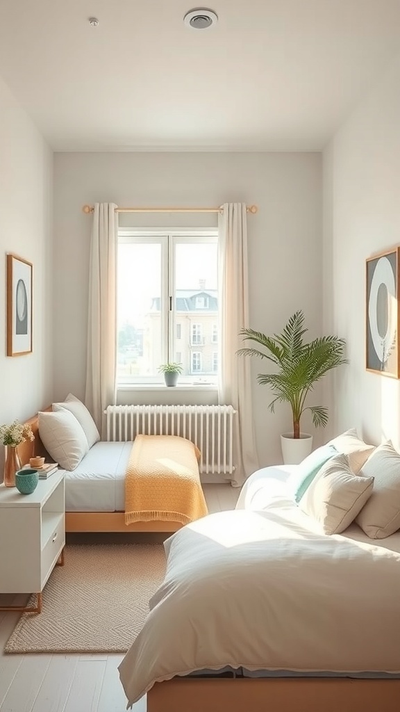 A bright and airy tiny guest bedroom featuring light colors, two beds, and a potted plant.