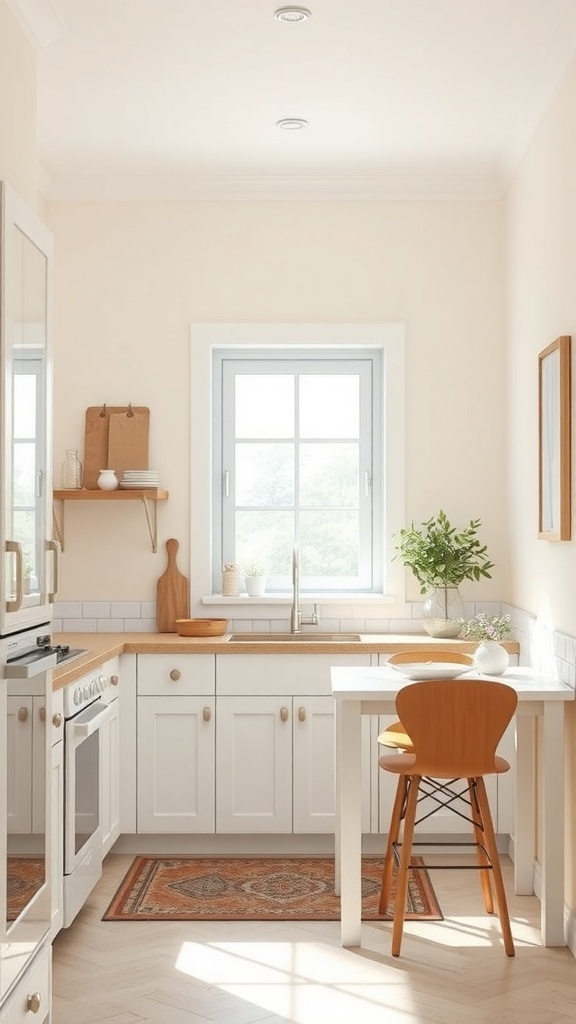 A bright and airy small kitchen featuring light colors, a window with natural light, white cabinets, and warm wood accents.