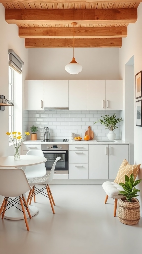 A small kitchen with white cabinets, a round table, and wooden accents, featuring light colors and plants.