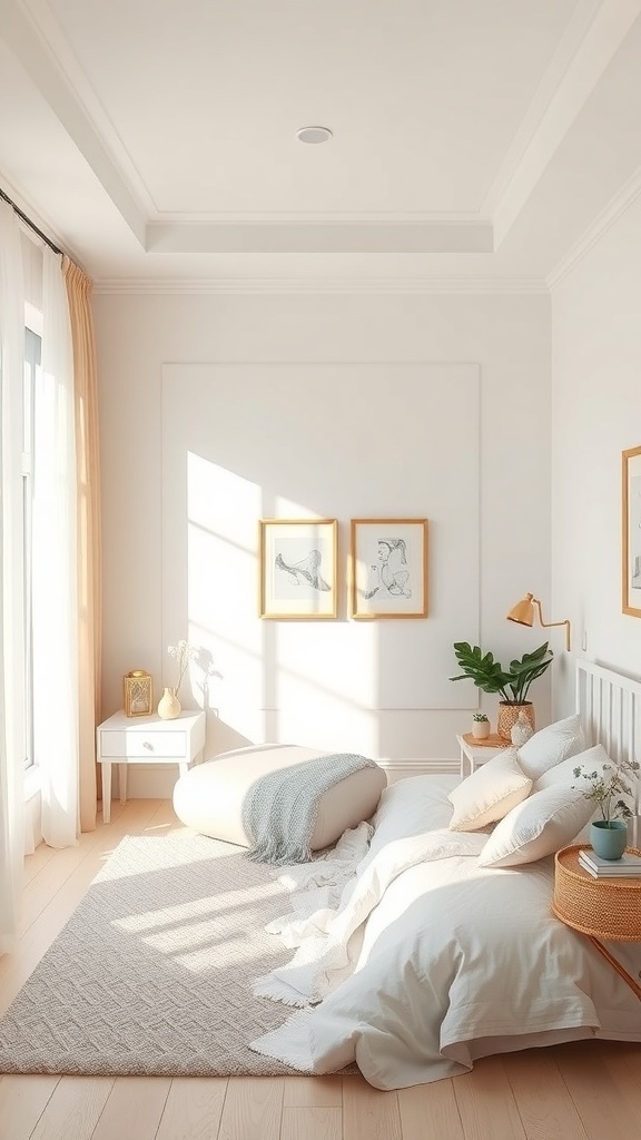 A cozy small bedroom featuring light colors, soft bedding, and natural light.
