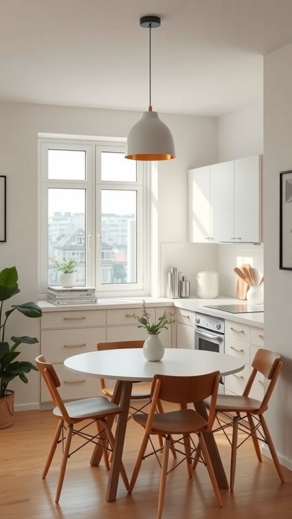 A bright and modern apartment kitchen featuring light colors, a round table, and wooden chairs.
