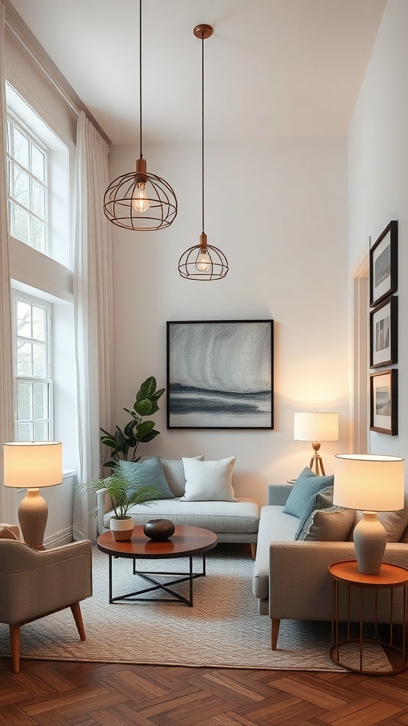 A small living room with modern light fixtures, including pendant lights and table lamps, creating a cozy atmosphere.