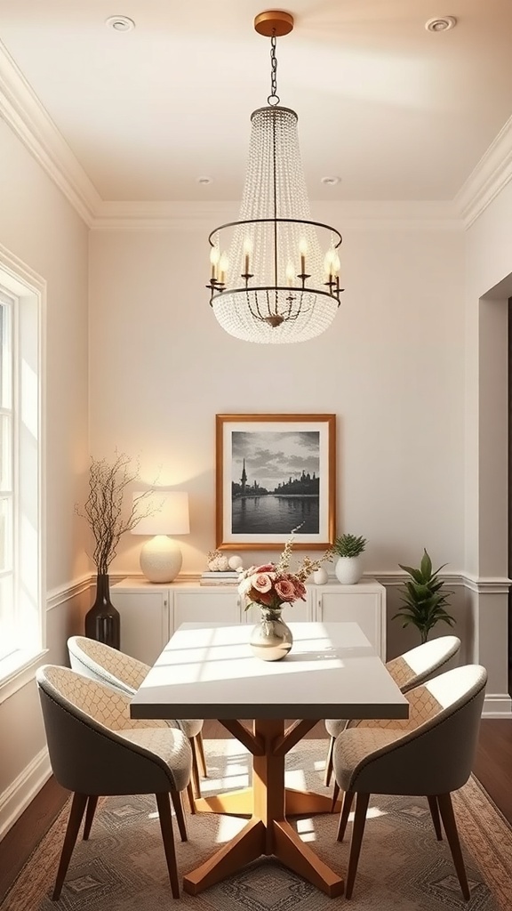 A small dining room featuring a stylish chandelier, a modern table, and elegant chairs.