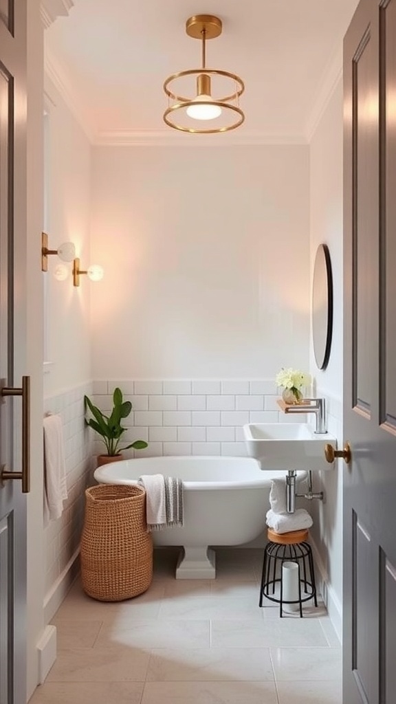 A beautifully lit small bathroom with stylish light fixtures and modern decor.