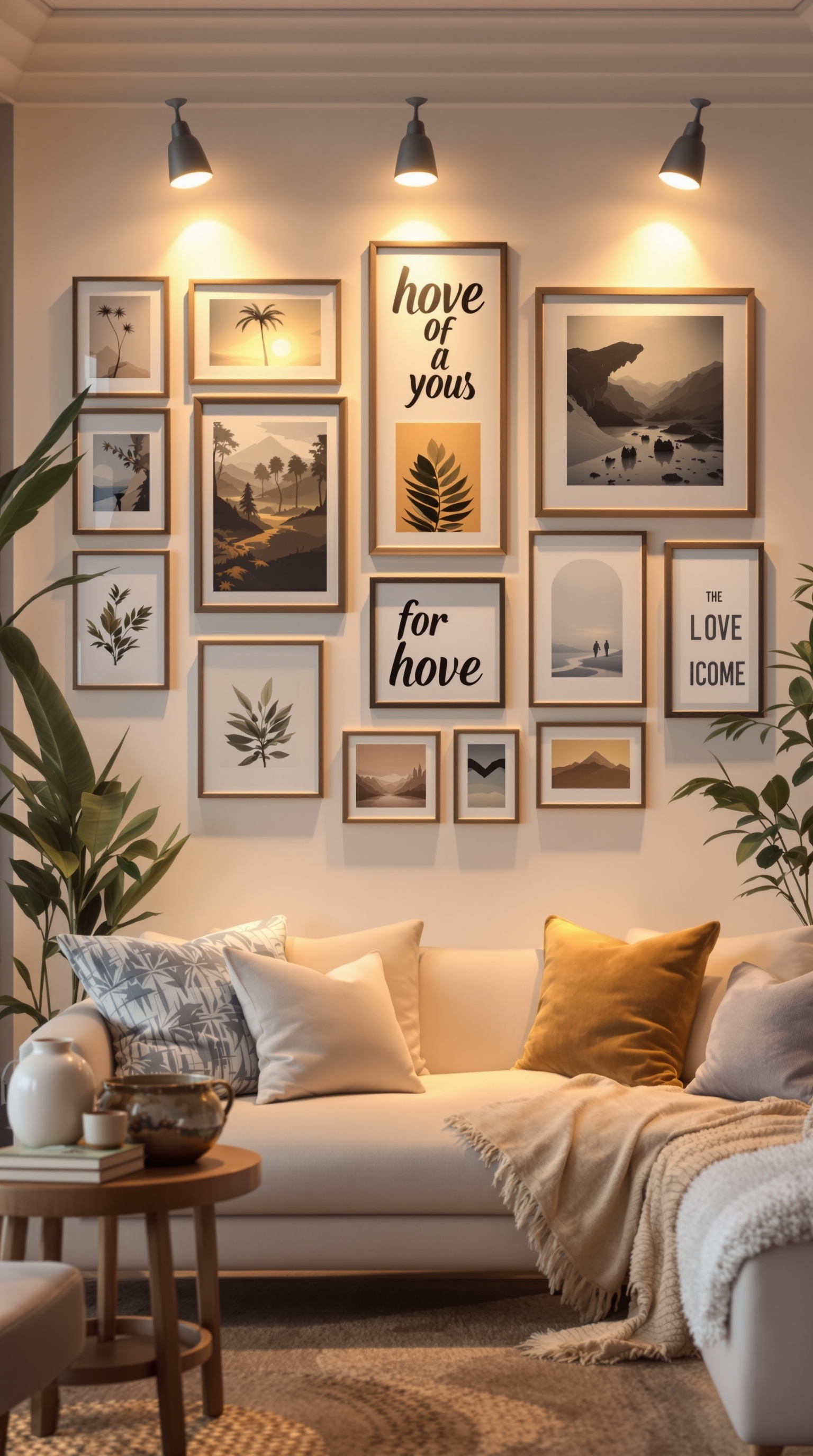 A cozy living room with a gallery wall featuring various framed artworks, illuminated by spotlights.