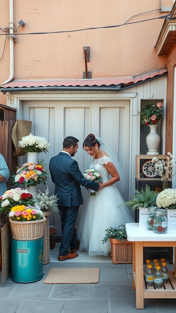 Couple sharing a special moment surrounded by flowers and decorations in a cozy backyard setting.