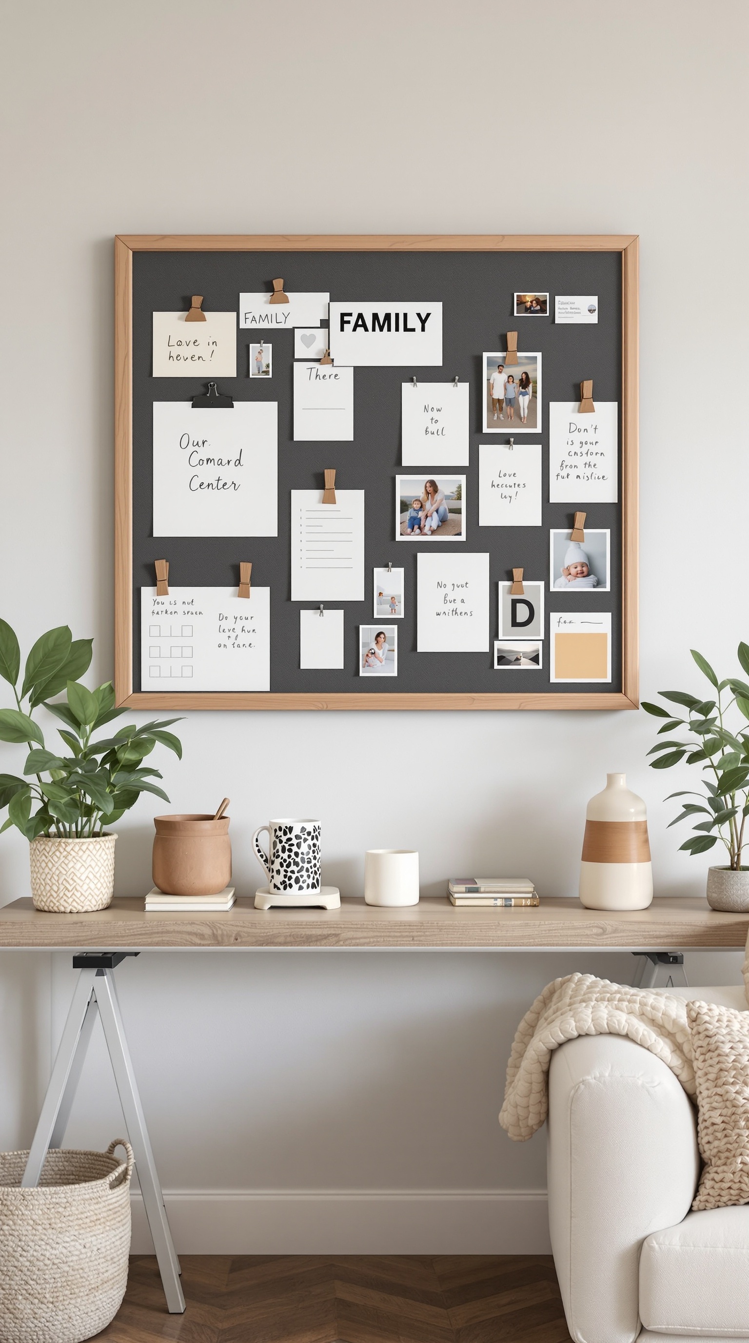 A family command center wall featuring a magnetic board with notes and photos.