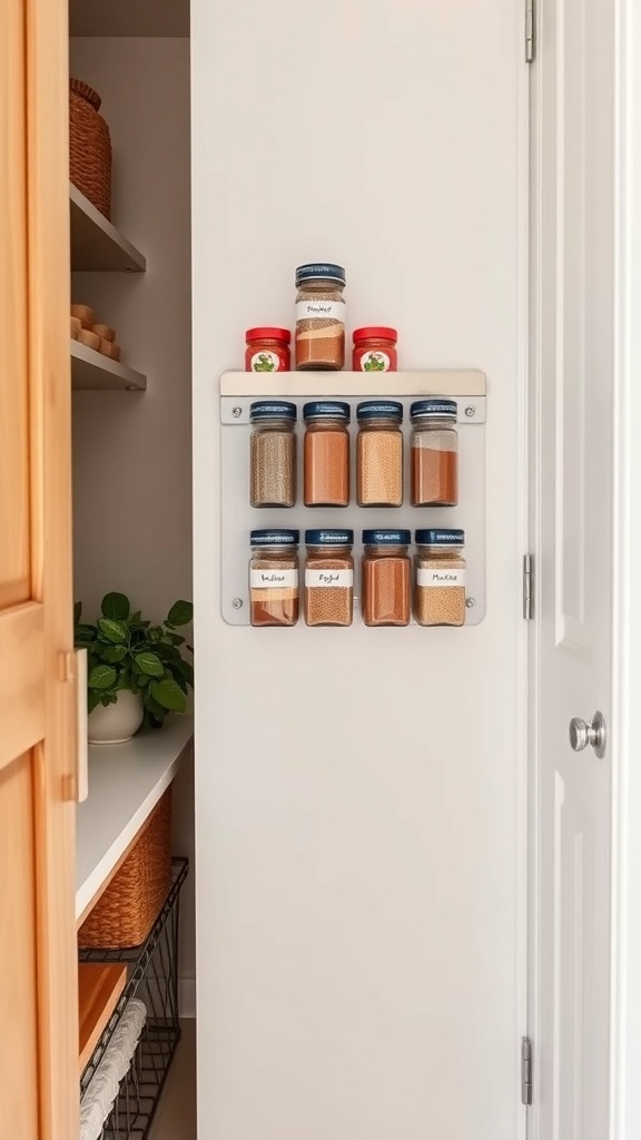 A narrow pantry featuring a magnetic strip with spice jars organized on the wall.