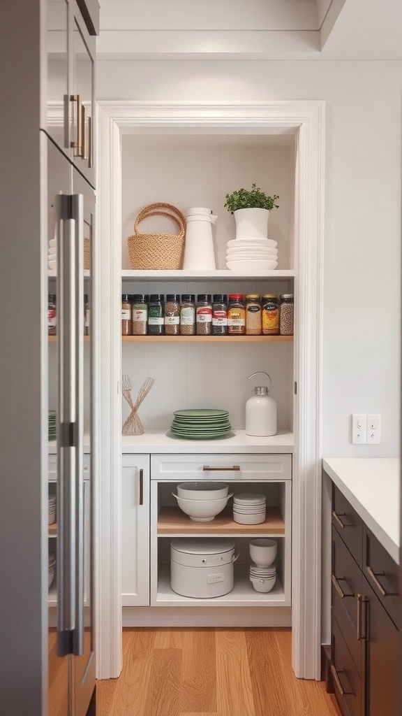 A small pantry with spices organized on a magnetic strip, showcasing a clean and efficient storage solution.