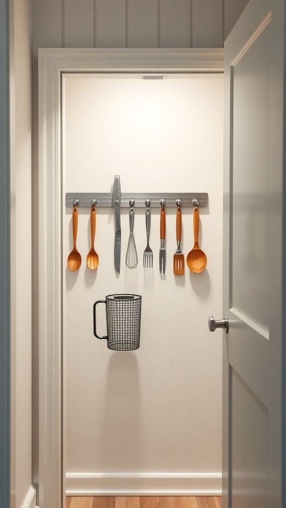 A small walk-in pantry with a magnetic strip holding various utensils and a mesh cup for storage.