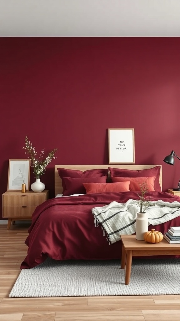 A minimalist bedroom with maroon walls and bedding, featuring wooden furniture and decorative elements.