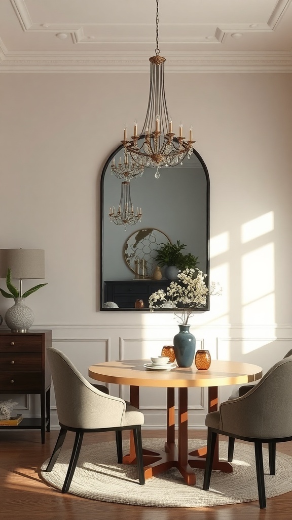 A small dining room featuring a round table, soft chairs, and a large arched mirror reflecting light from a chandelier.