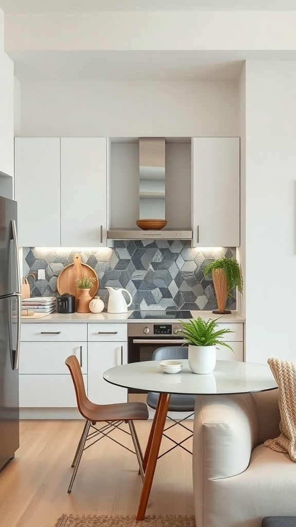A small modern kitchen featuring a mirror above the stove, light cabinetry, and a geometric backsplash.