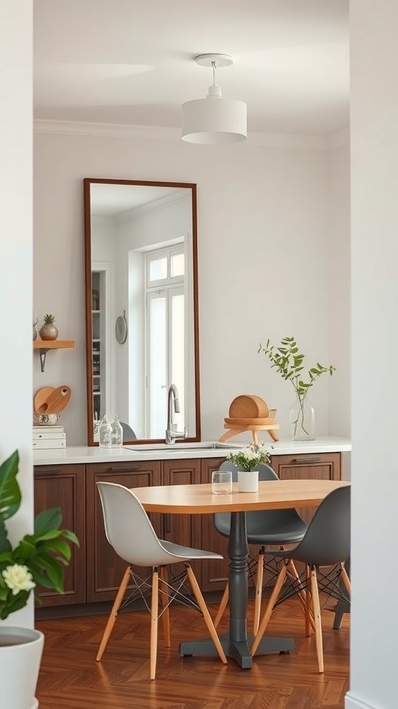 A small kitchen featuring a large mirror above the counter, reflecting light and creating an illusion of space.
