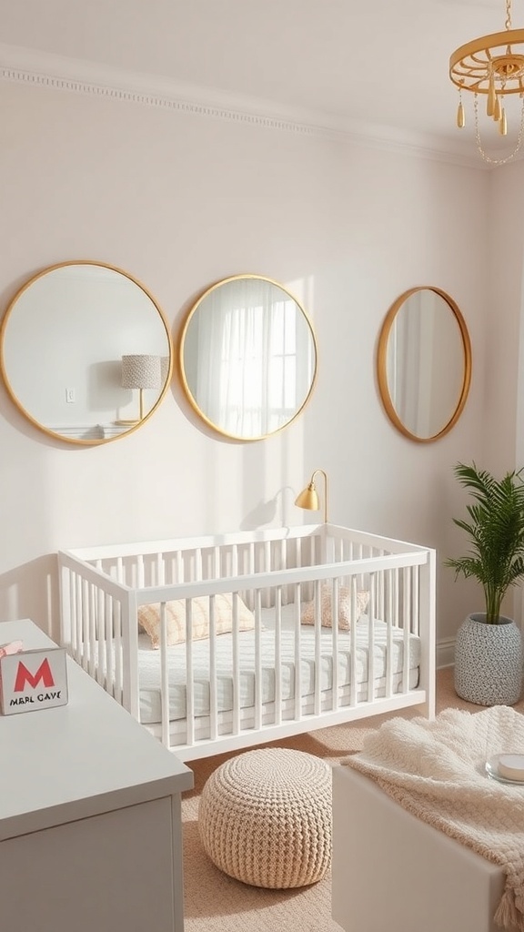 A small nursery with a white crib, round mirrors on the wall, and soft decor.