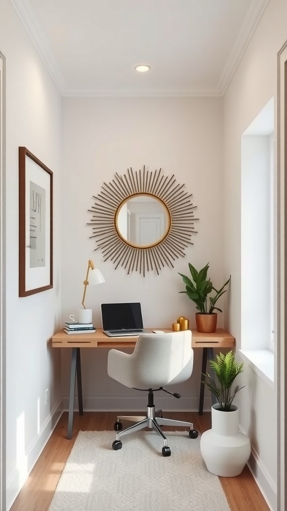 A narrow home office with a round mirror, desk, and plants, creating a bright and inviting atmosphere.
