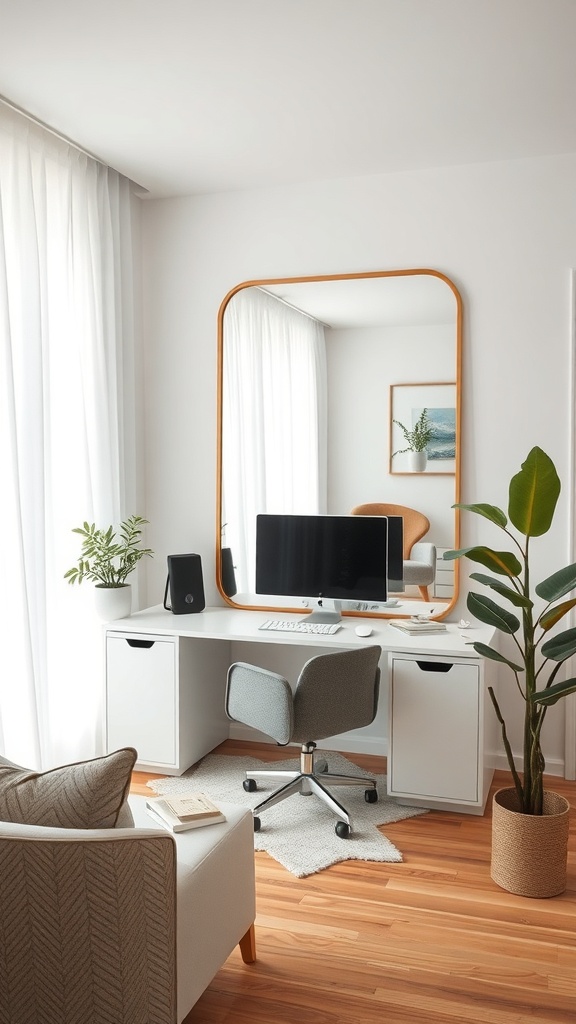 A small home office featuring a desk with a computer, a large mirror, and a plant, creating an illusion of space.