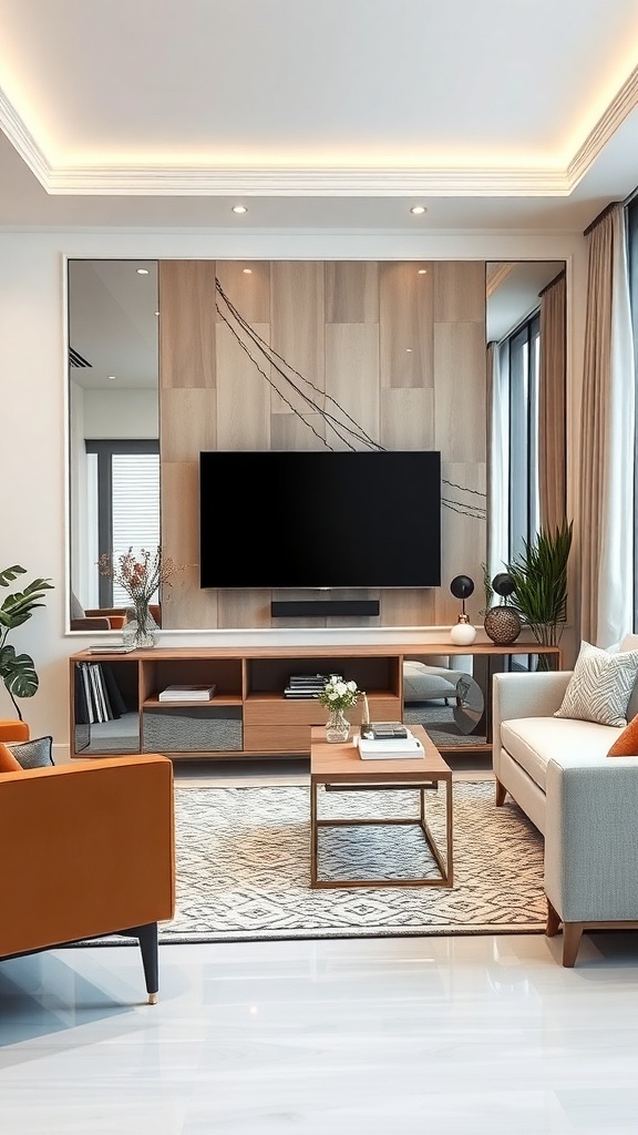 A modern living room featuring a TV on a wooden wall with mirrors on either side, creating an illusion of space.