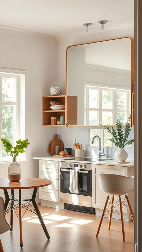 A bright and airy kitchen featuring a large mirror, wooden accents, and plants.