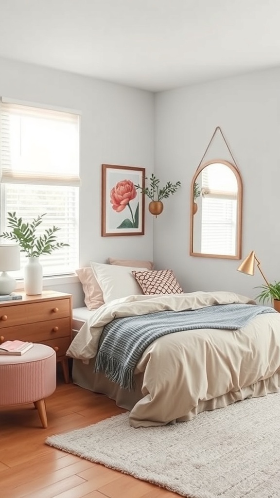 A small teen bedroom featuring a bed, a mirror, plants, and a wooden dresser.
