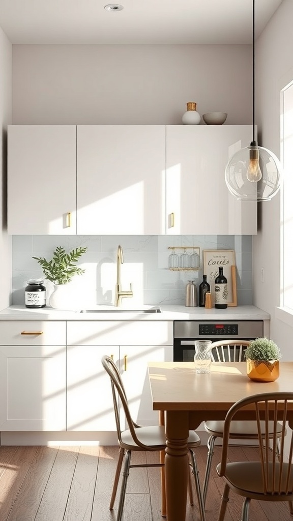 A bright and modern small kitchen with white cabinets, wooden table, and a pendant light.