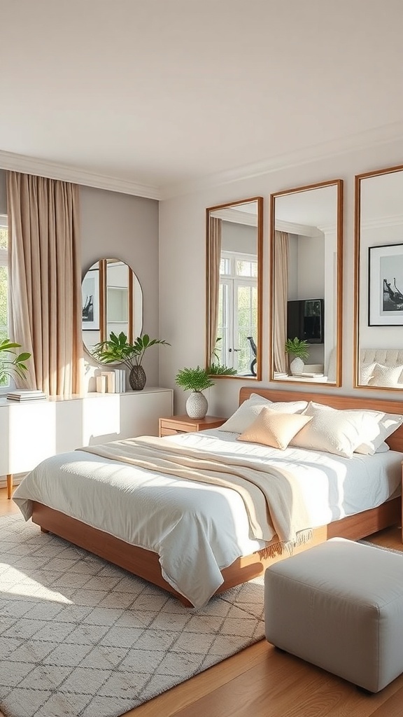 A bright and spacious bedroom featuring multiple mirrors that enhance the sense of space.
