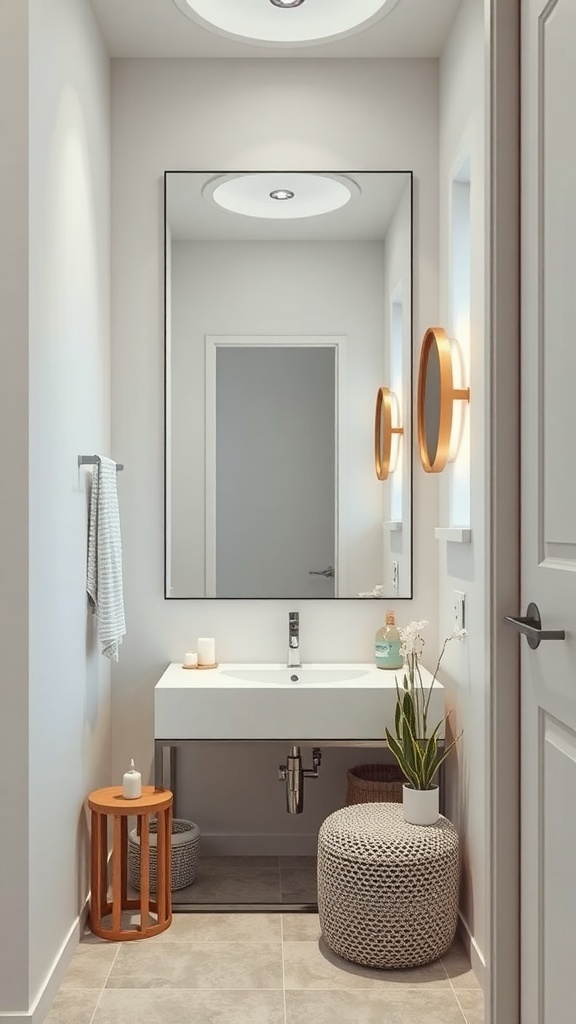 A narrow bathroom featuring a large mirror, modern sink, and warm lighting.