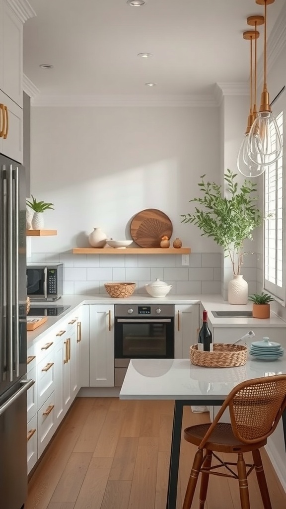 A bright and modern kitchen with white cabinets, wooden accents, and a cozy dining area.