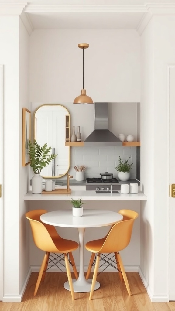 A small apartment kitchen featuring a round table with orange chairs, a mirror, and modern appliances.
