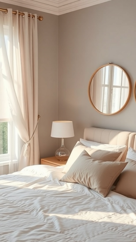 Cozy cottage bedroom with round mirrors above the bed, soft bedding, and natural light