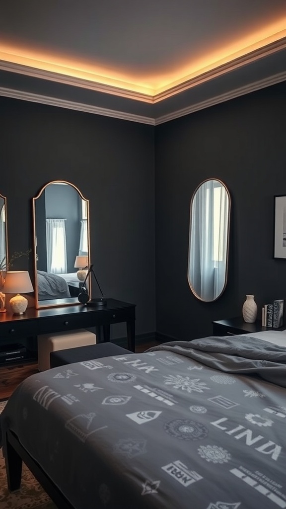 A dark cozy bedroom featuring two elegant mirrors reflecting light, enhancing the space.