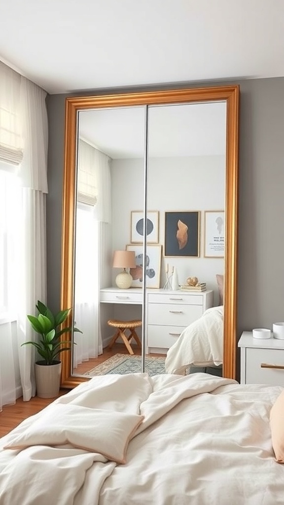 A small teen bedroom featuring a large mirror with a golden frame, reflecting light and decor, creating a bright and spacious feel.