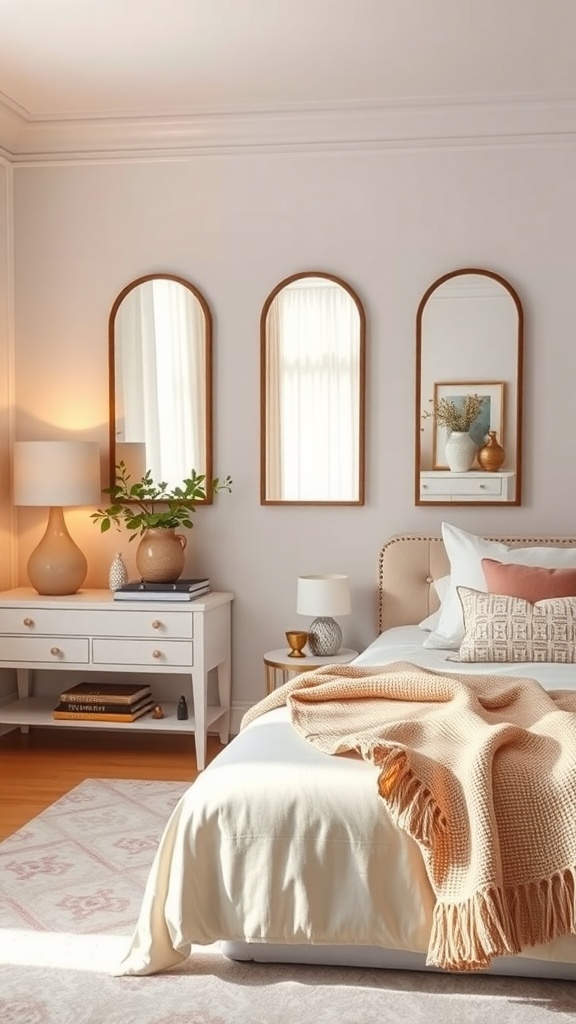 A cozy bedroom featuring three mirrors on the wall, soft lighting, and a warm color palette.