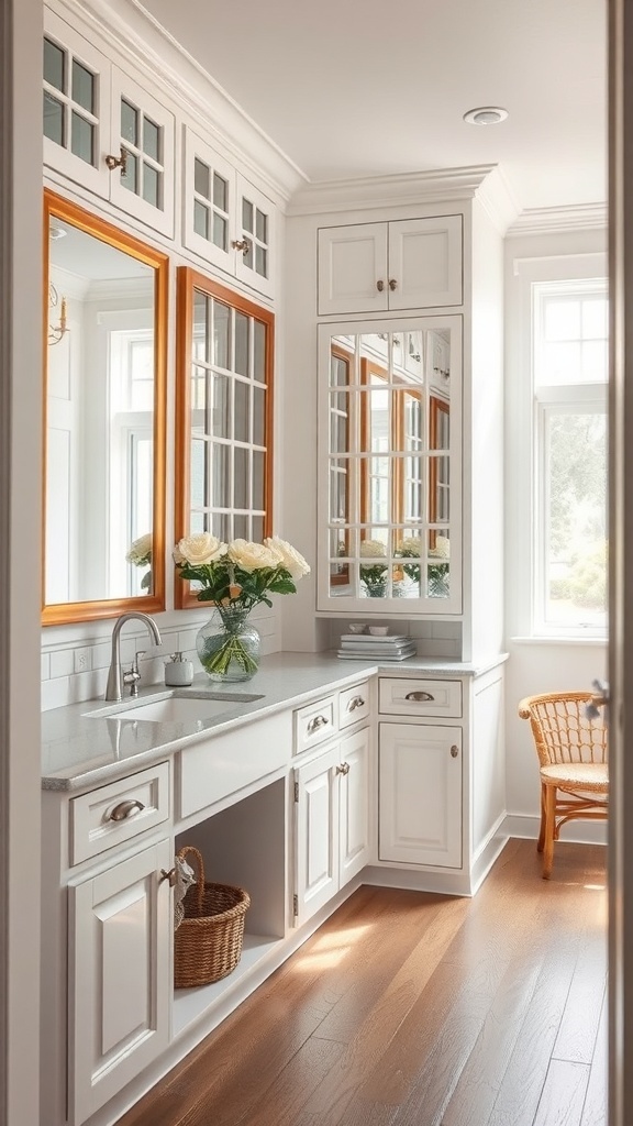 A bright and stylish butler's pantry featuring mirrors that enhance light and space.