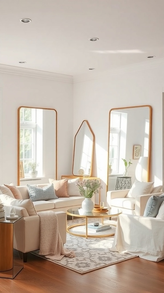 A bright and cozy living room with stylish mirrors reflecting natural light.