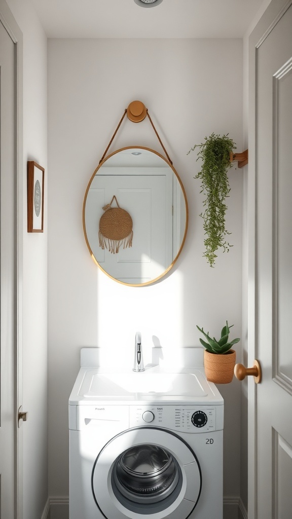 A small utility room featuring a washing machine, a round mirror, and a plant, with natural light illuminating the space.