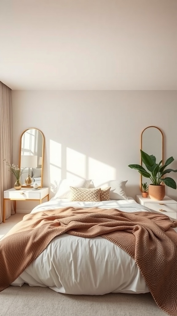 A cozy bedroom featuring a bed with a warm blanket, two mirrors on the wall, and a plant beside the bed.