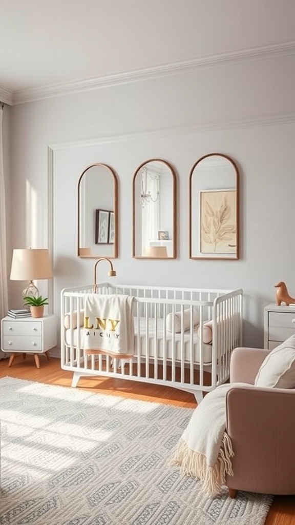 A cozy nursery featuring a crib, soft furnishings, and three decorative mirrors on the wall.