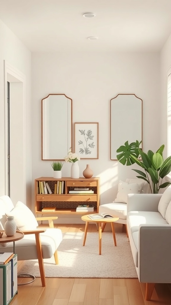 A cozy living room with two mirrors on the wall, a small table, and a plant.