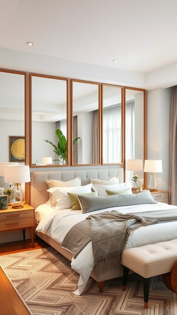A stylish king bedroom featuring a set of mirrors above the bed, enhancing the space with light and reflection.