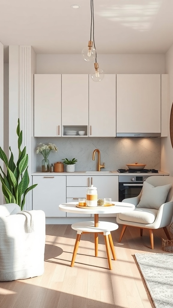 A small, modern kitchen with light materials and plants, showcasing the use of space and ambiance.