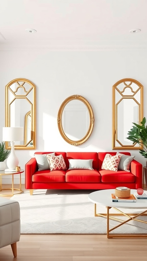 A bright living room featuring a red couch, decorative pillows, and mirrors on the wall.