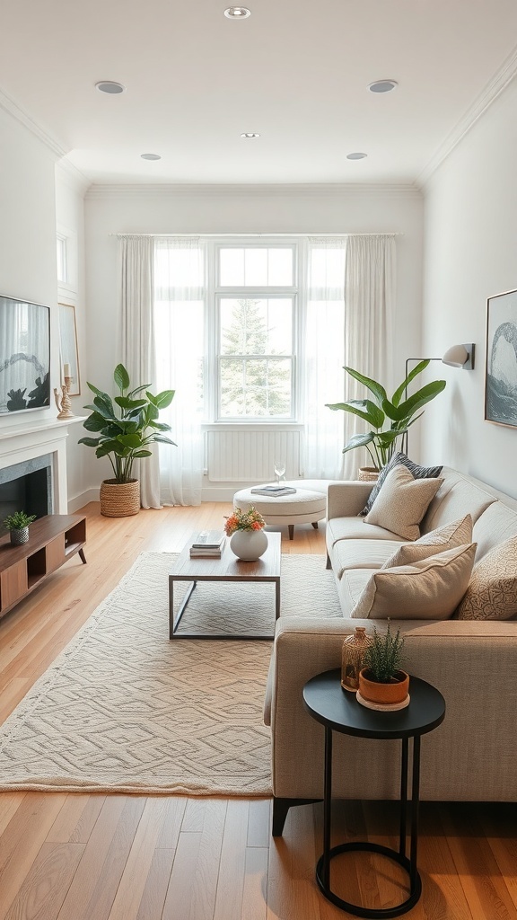 A narrow living room featuring a cozy sofa, round table, coffee table, and plants, designed to maximize space.